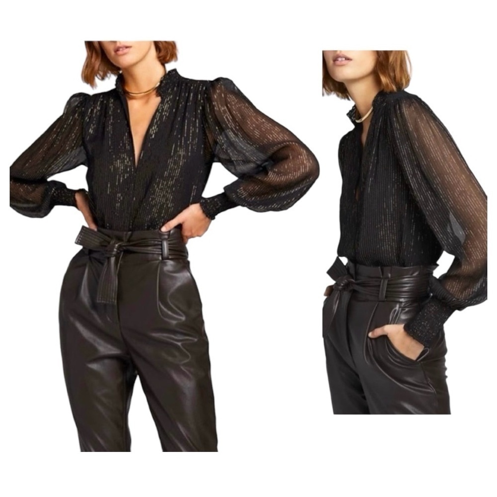 A.L.C. silvie shirred metallic black gold bell sleeve silk crepon blouse top s